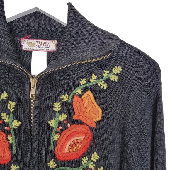 TIARA INTERNATIONAL Boho Floral Embroidered Full Zip Front Sweater - Size M - Picture 3 of 5